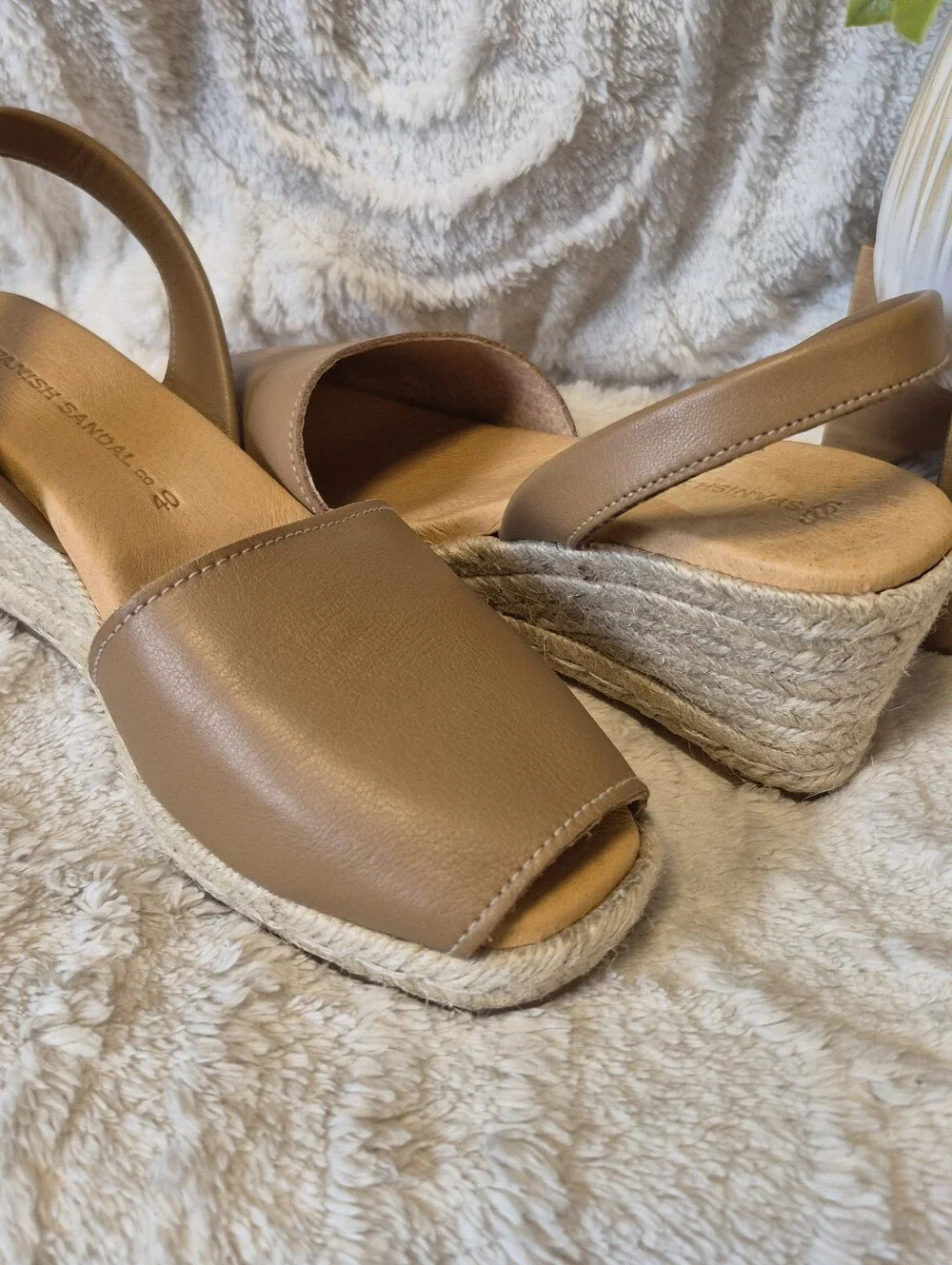 NEW Spanish Sandal Co Tan Leather Espadrille Wedge Sandals Open Toe Women's Sz 9